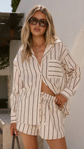 Elita Long Sleeve Button Up Shirt and Shorts Set - Beige Stripe