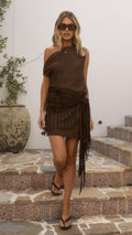 Laia Off Shoulder Mini Dress and Fringe Scarf - Chocolate