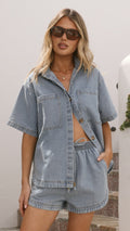 Kaleigh Button Up Shirt and Shorts Set - Light Denim