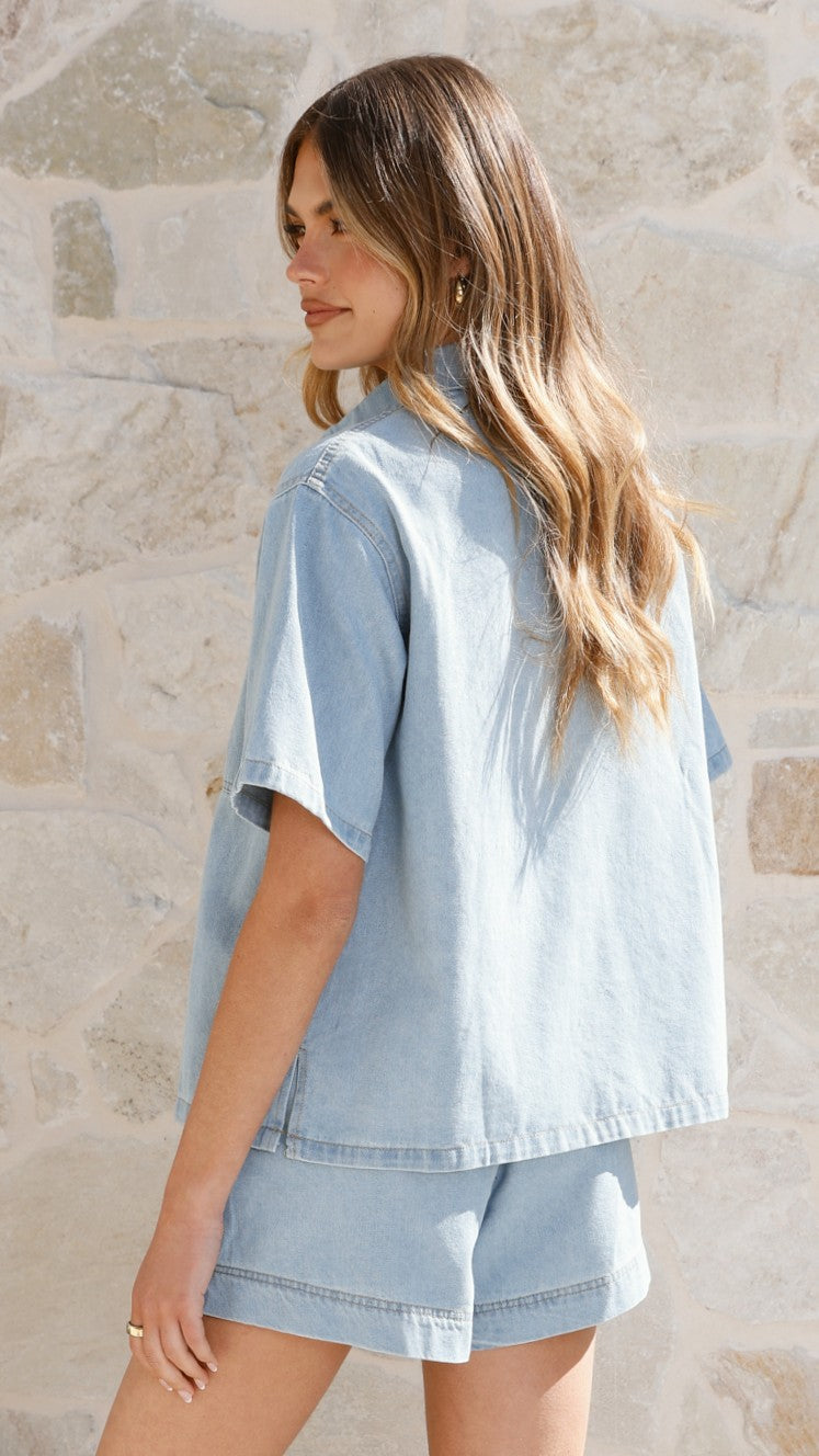 Adia Top and Shorts Set - Light Blue Denim