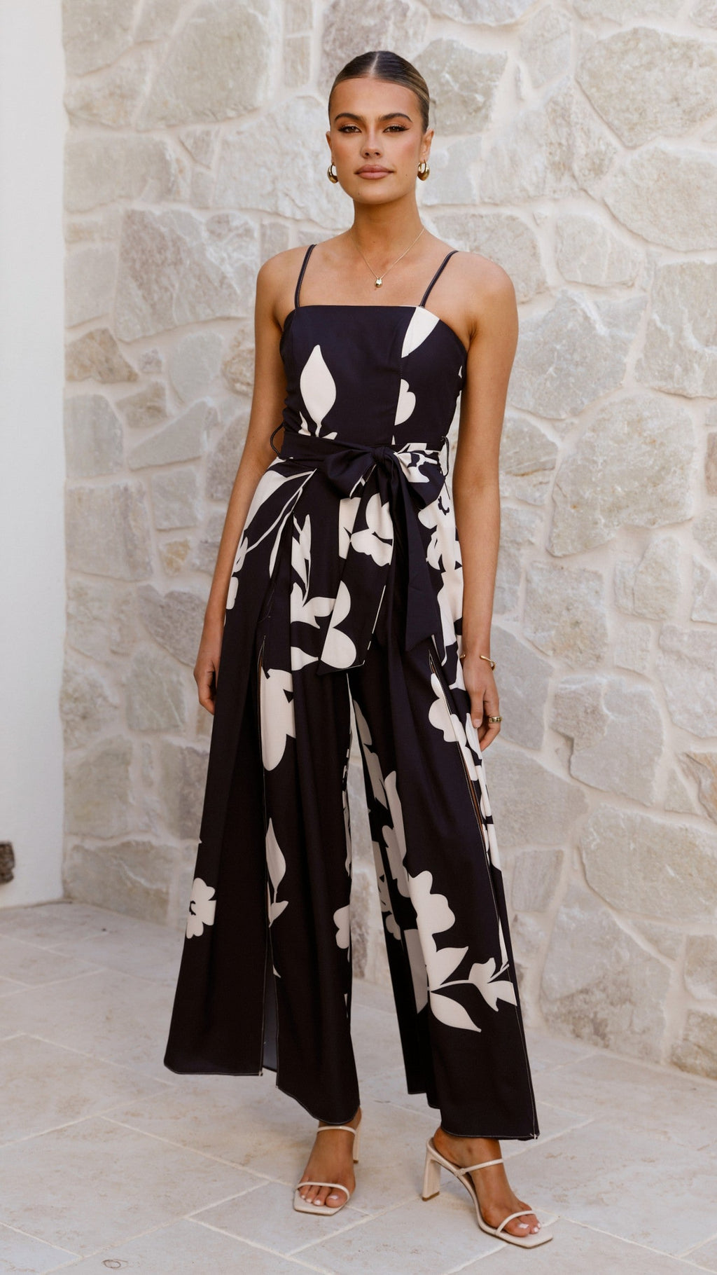 Carson Front Split Strapless Jumpsuit - Black Floral