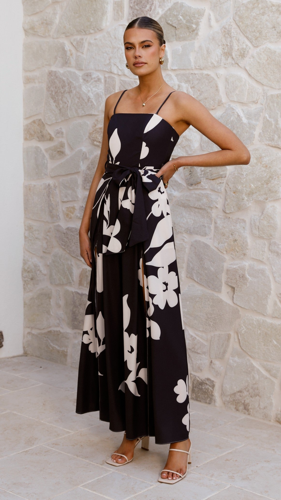 Carson Front Split Strapless Jumpsuit - Black Floral