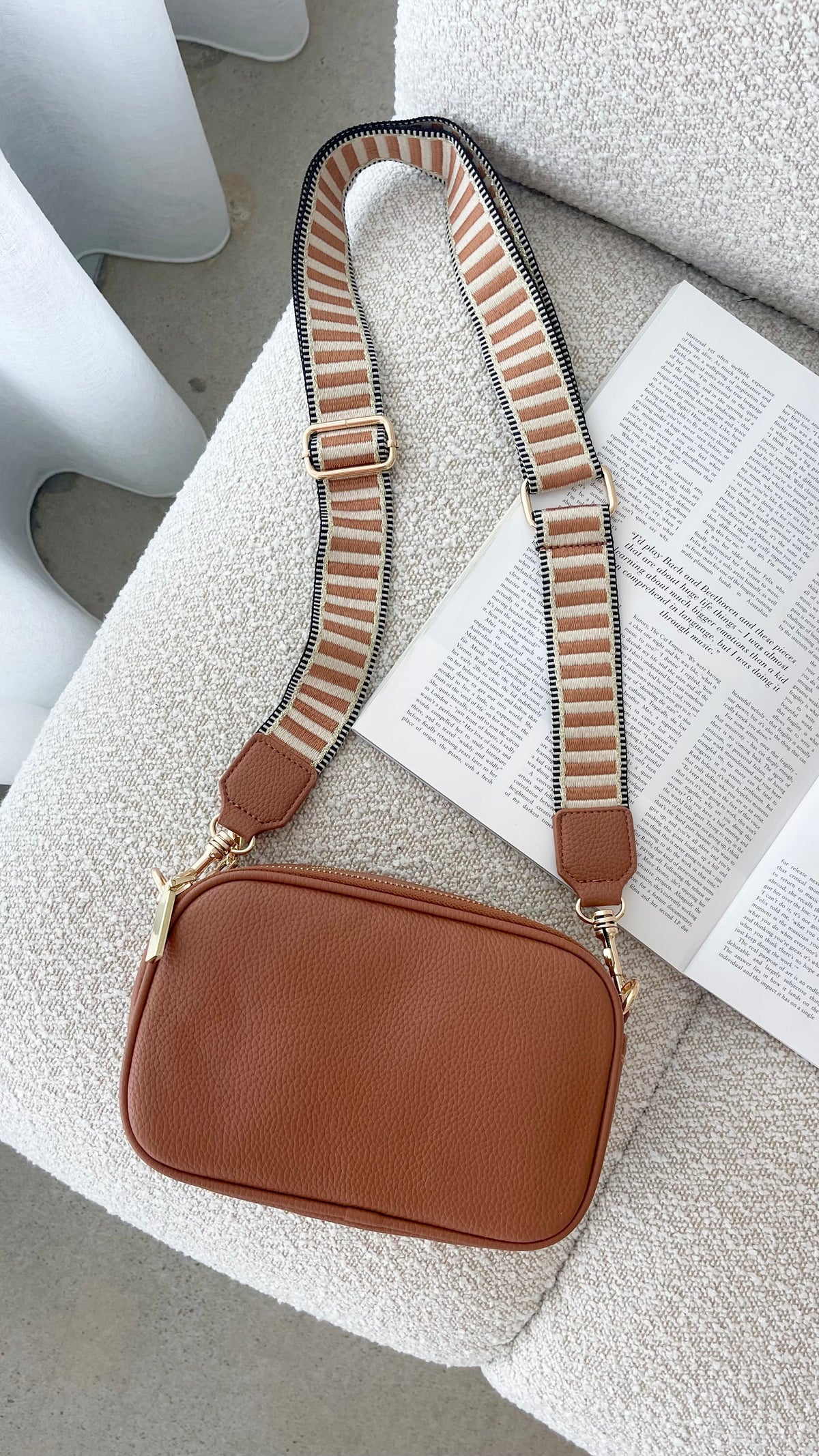 Bella Striped Webbing Camera Bag - Tan