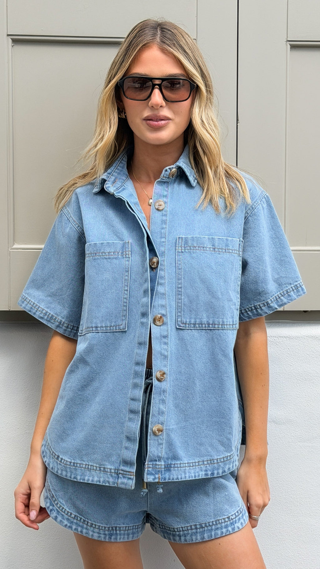 Kaleigh Button Up Shirt and Shorts Set - Mid Blue Denim