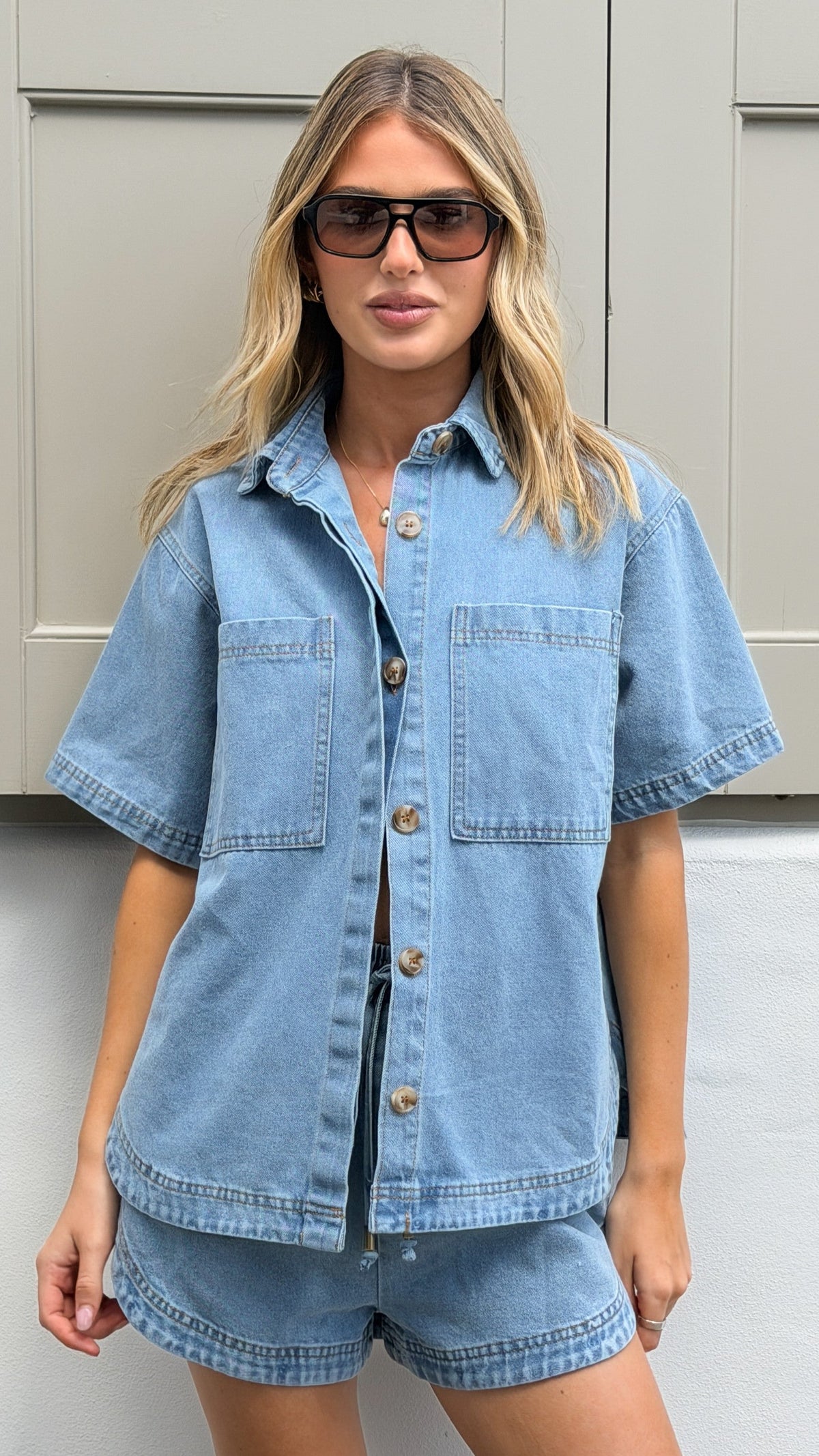 Kaleigh Button Up Shirt and Shorts Set - Mid Blue Denim