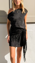 Laia Off Shoulder Mini Dress and Fringe Scarf - Black