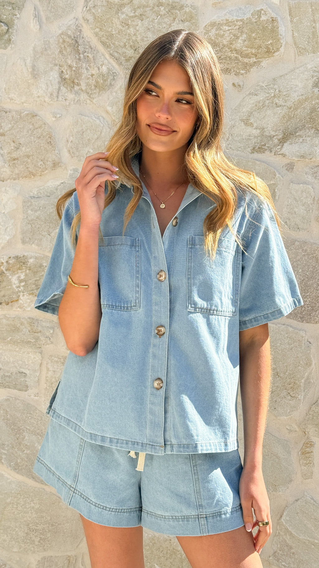 Adia Top and Shorts Set - Light Blue Denim