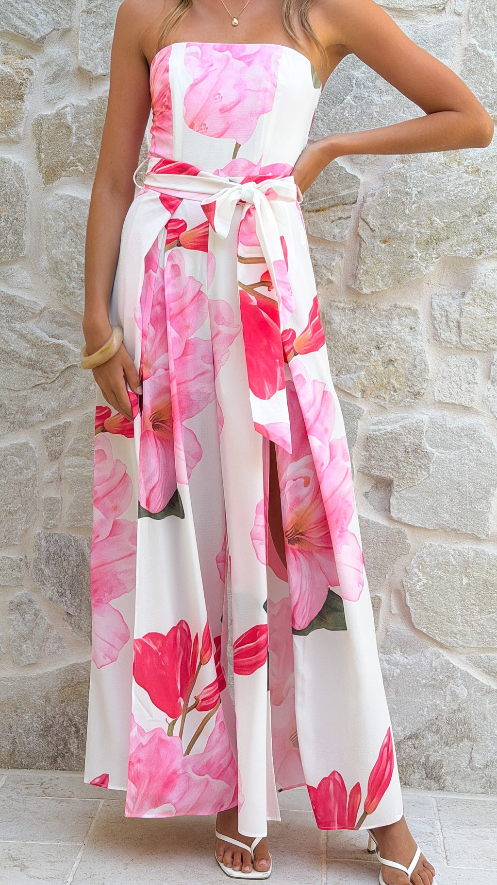 Carson Front Split Strapless Jumpsuit - Pink Floral