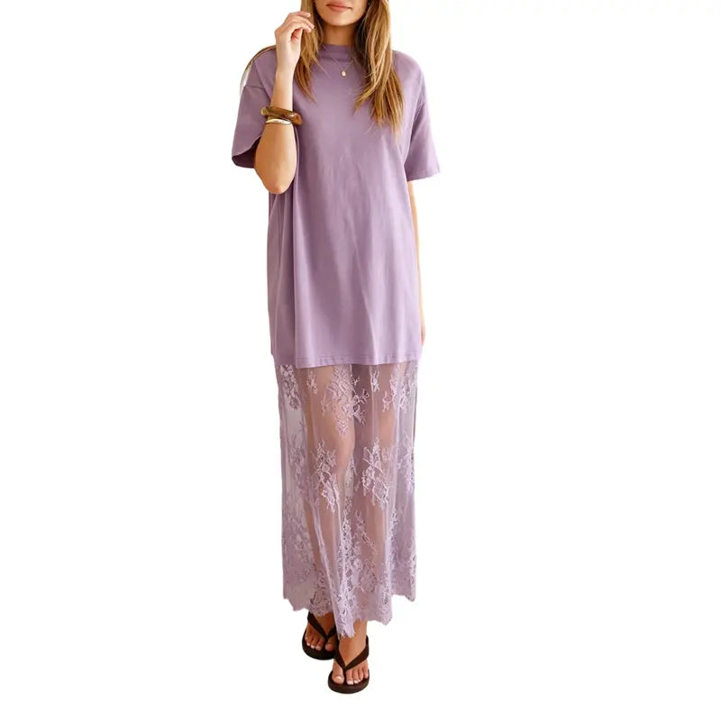 Oversized T-Shirt Maxi Dress with Sheer Lace Hem Drop Shoulder