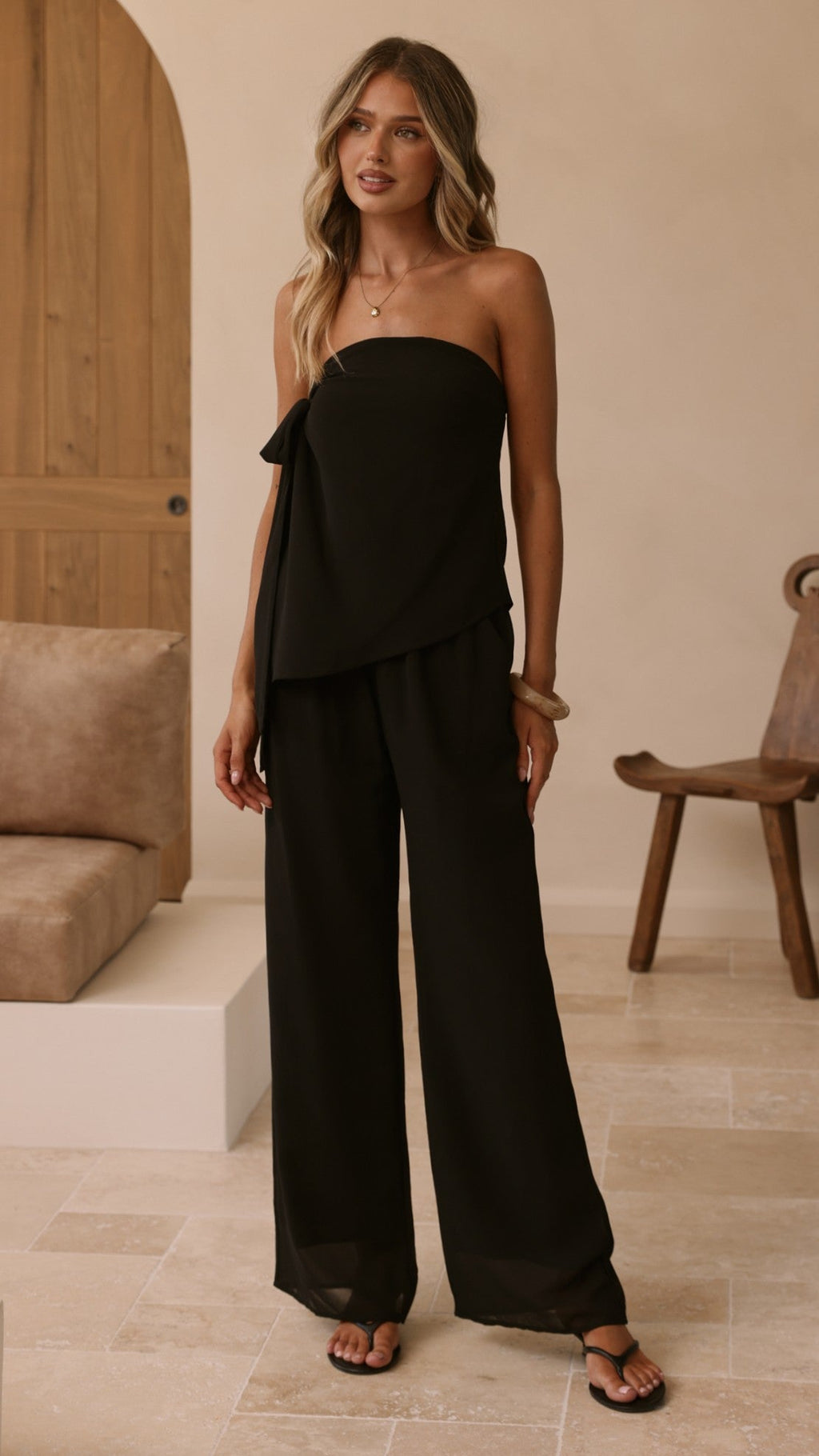 Zabrina Semi Sheer Strapless Top and Pants Set - Black