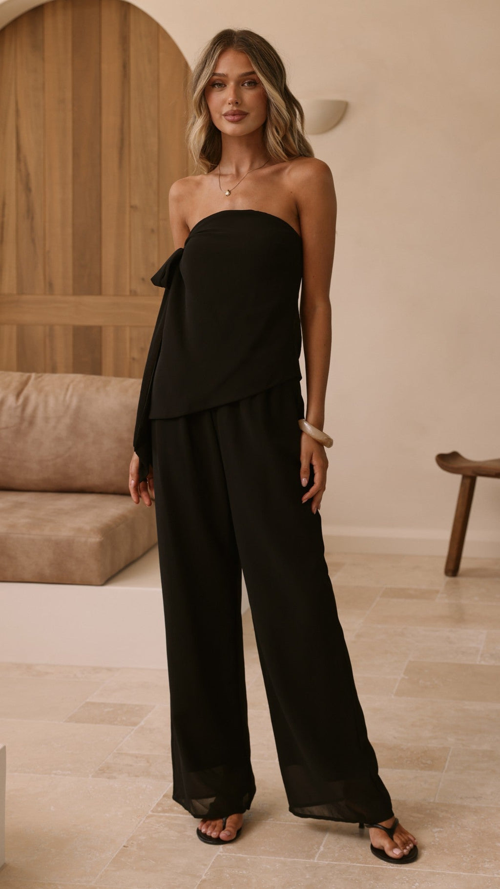 Zabrina Semi Sheer Strapless Top and Pants Set - Black